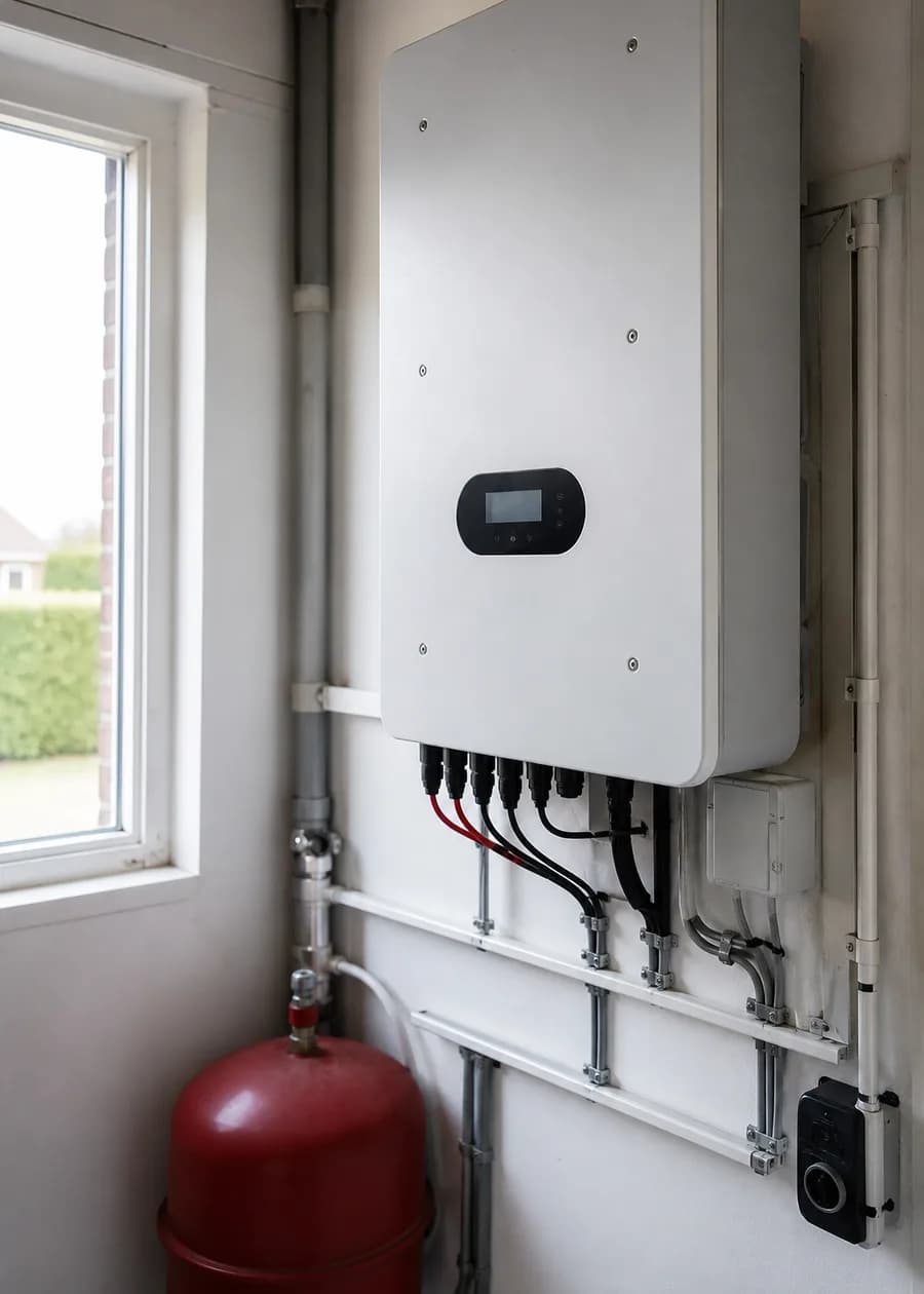 Omvormer voor zonnepanelen aan de muur in een bijkeuken
