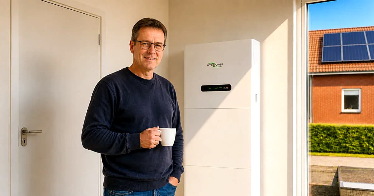 Bewoner bij een HyxiPower thuisbatterij, met zonnepanelen op het dak buiten
