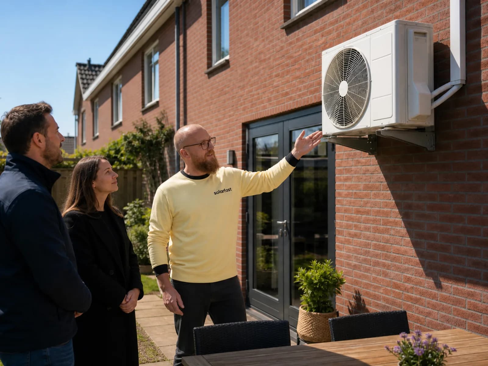 SolarFast-adviseur in bedrijfskleding bespreekt met bewoner de buitenunit in de achtertuin
