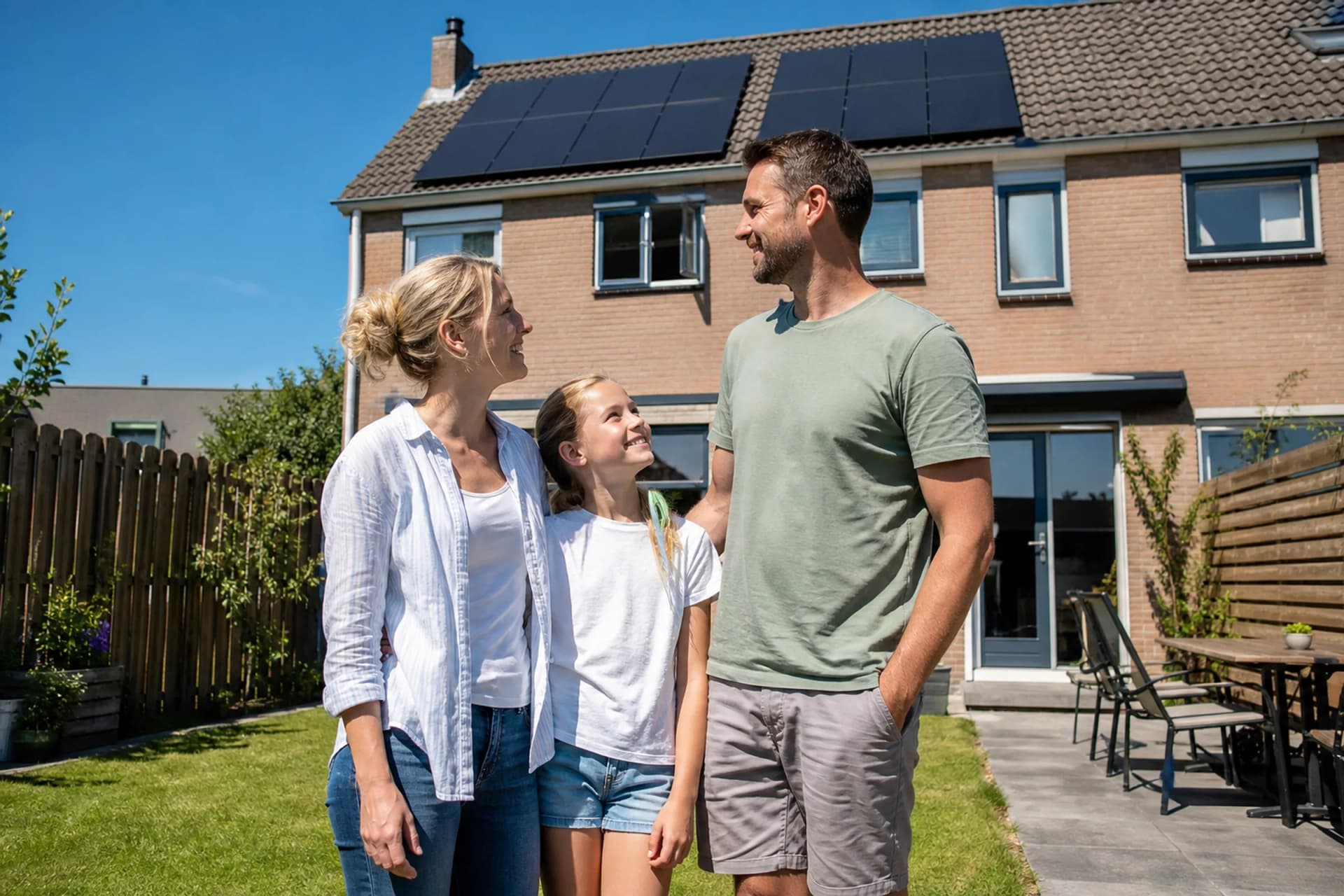 Gezin in de zonnige achtertuin bij hun woning met zonnepanelen op het dak