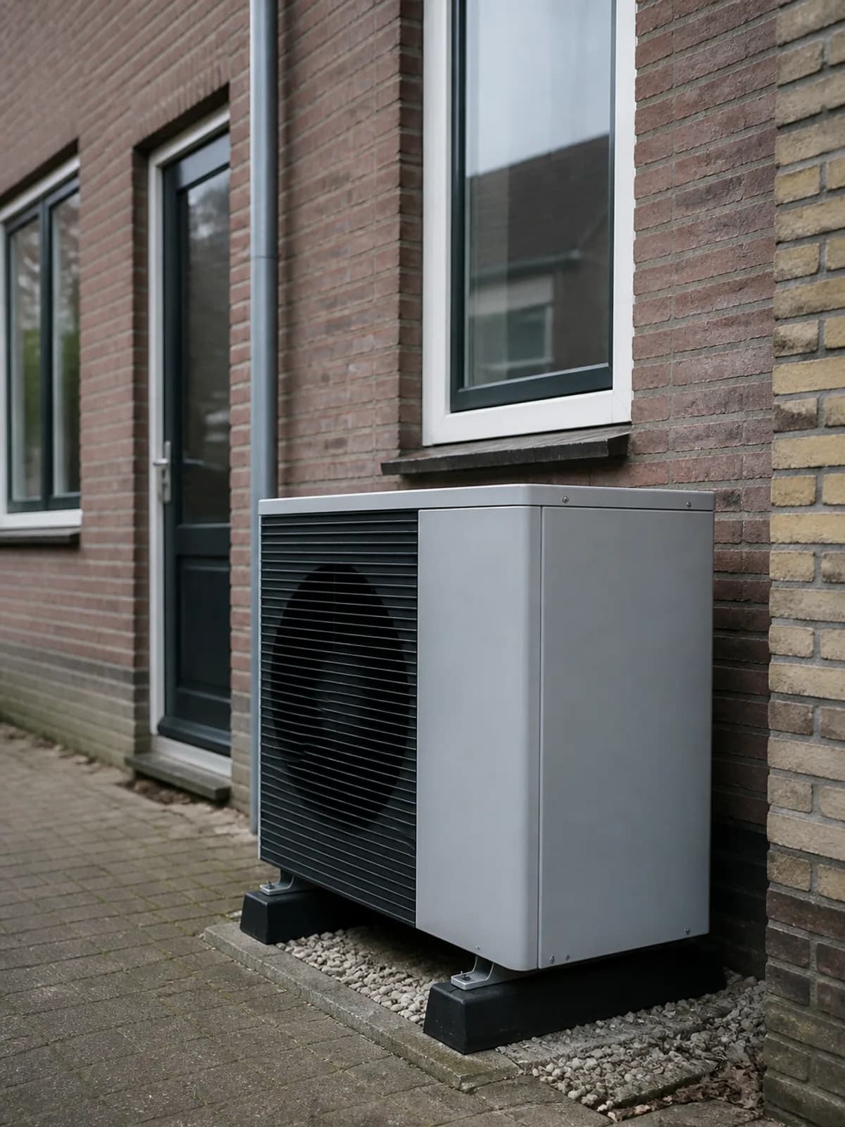 Lucht-water warmtepomp buitenunit tegen een bakstenen gevel