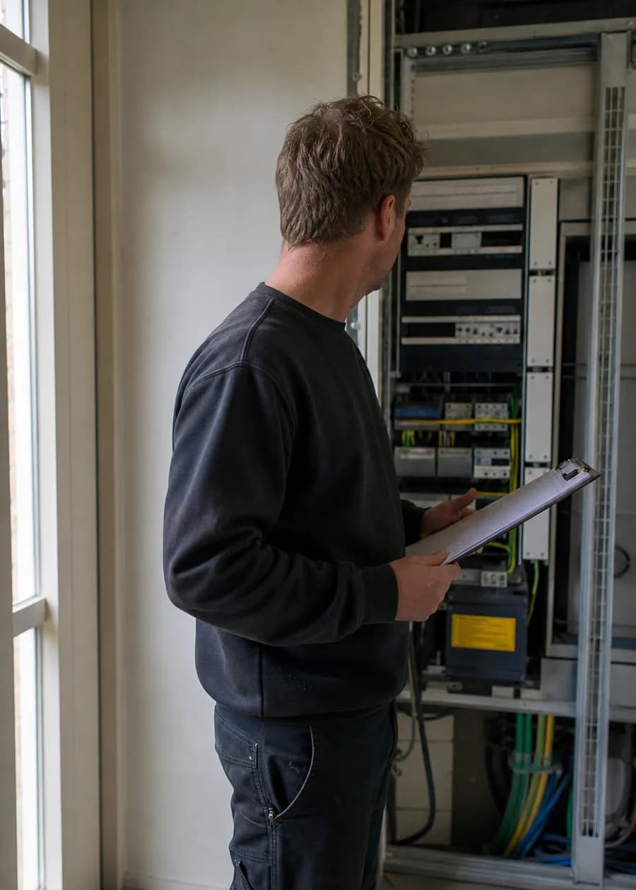 Energieadviseur met klembord bij een installatie