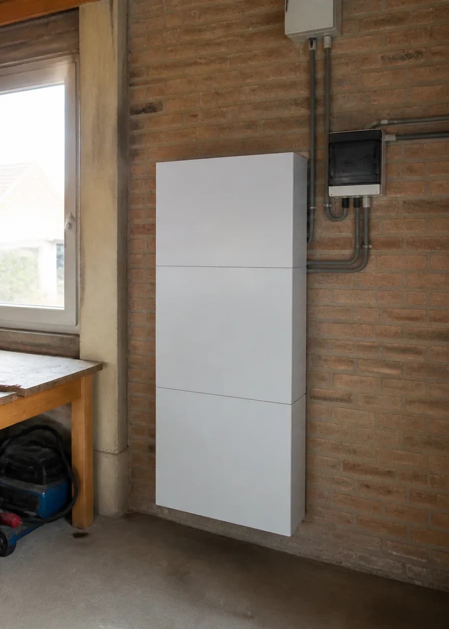 Wandgemonteerde thuisbatterij in een technische ruimte