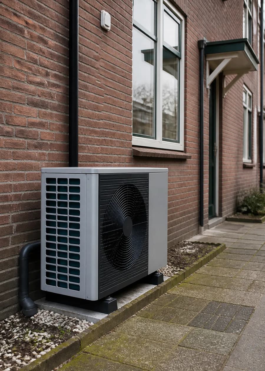 Warmtepomp buitenunit naast een rijwoning