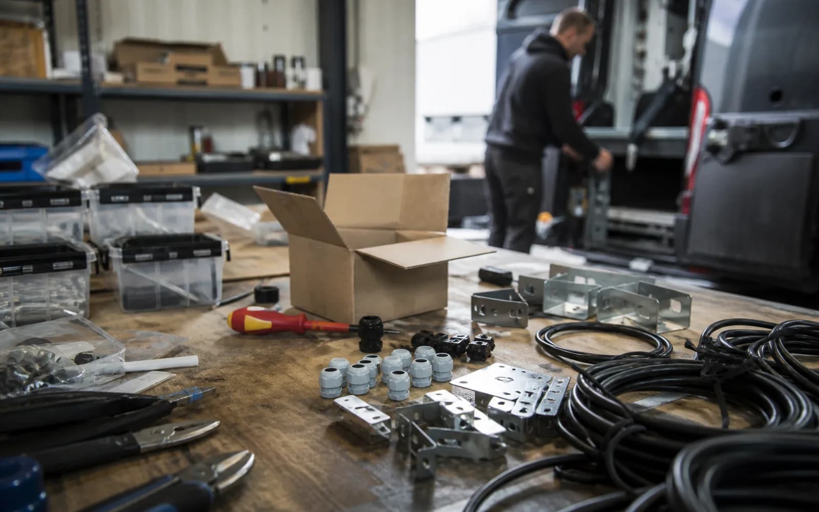 Werkbank met installatiegereedschap en elektrische componenten