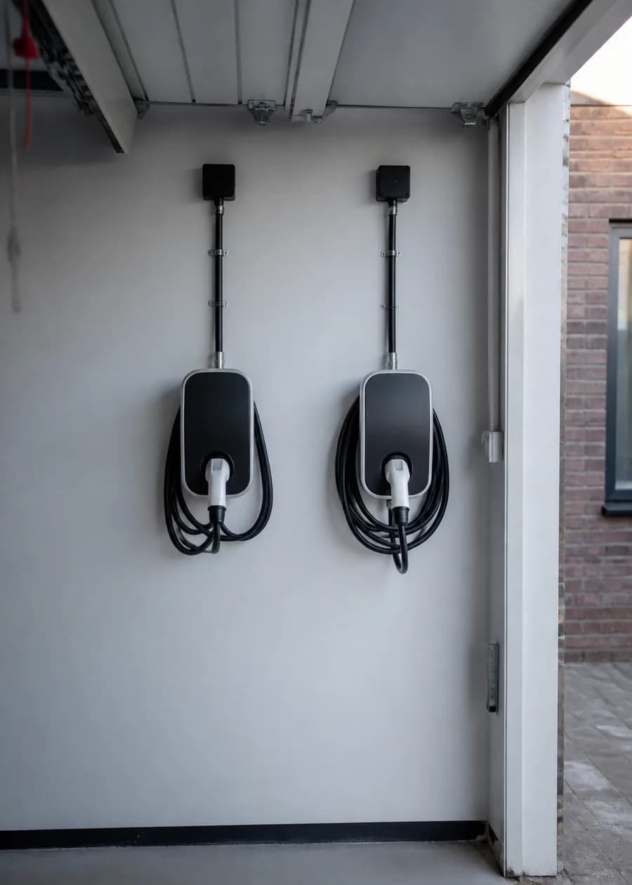 Twee wallboxen naast elkaar aan een garagewand