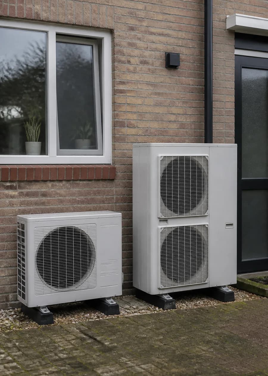 Twee warmtepomp buitenunits van verschillend formaat naast een woning