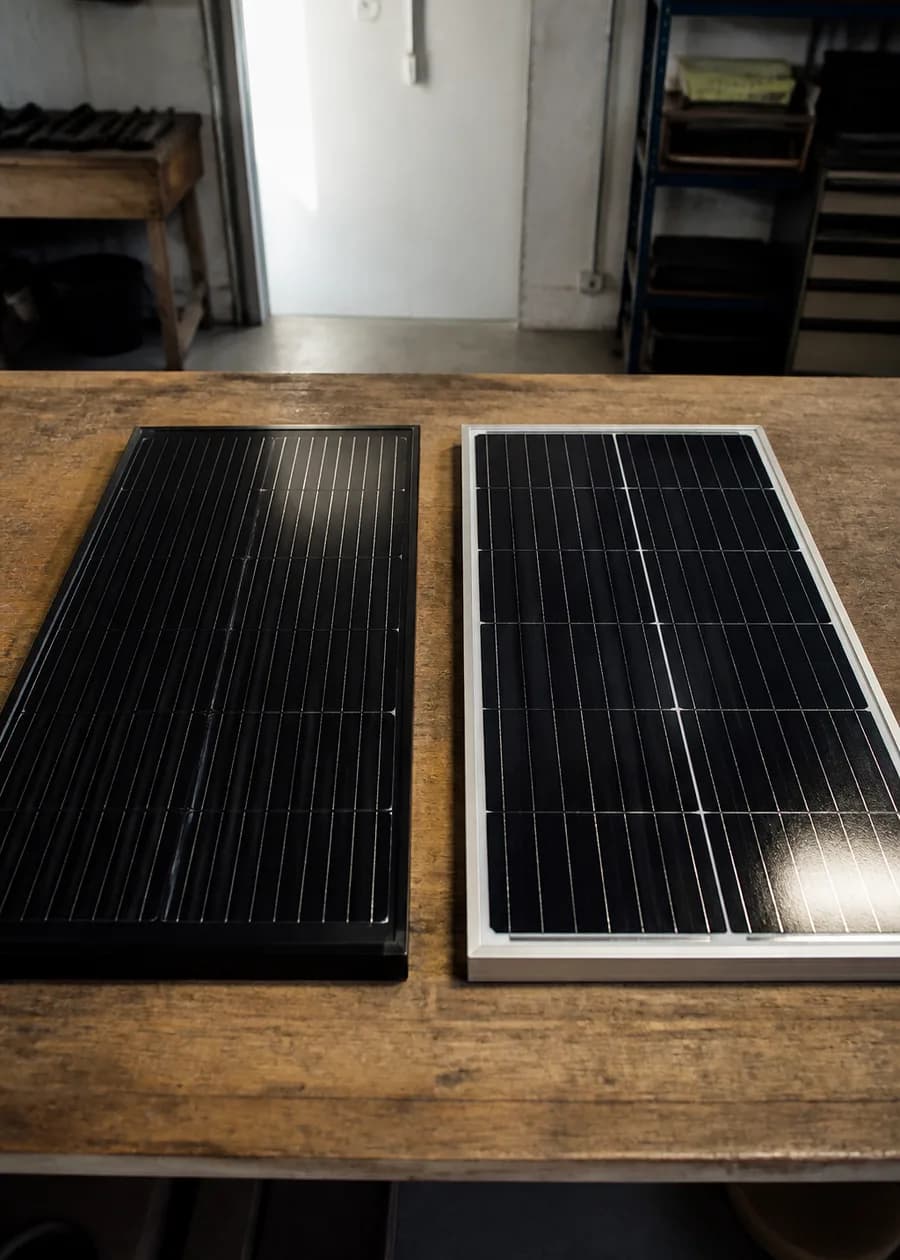 Twee soorten zonnepanelen naast elkaar op een werkbank