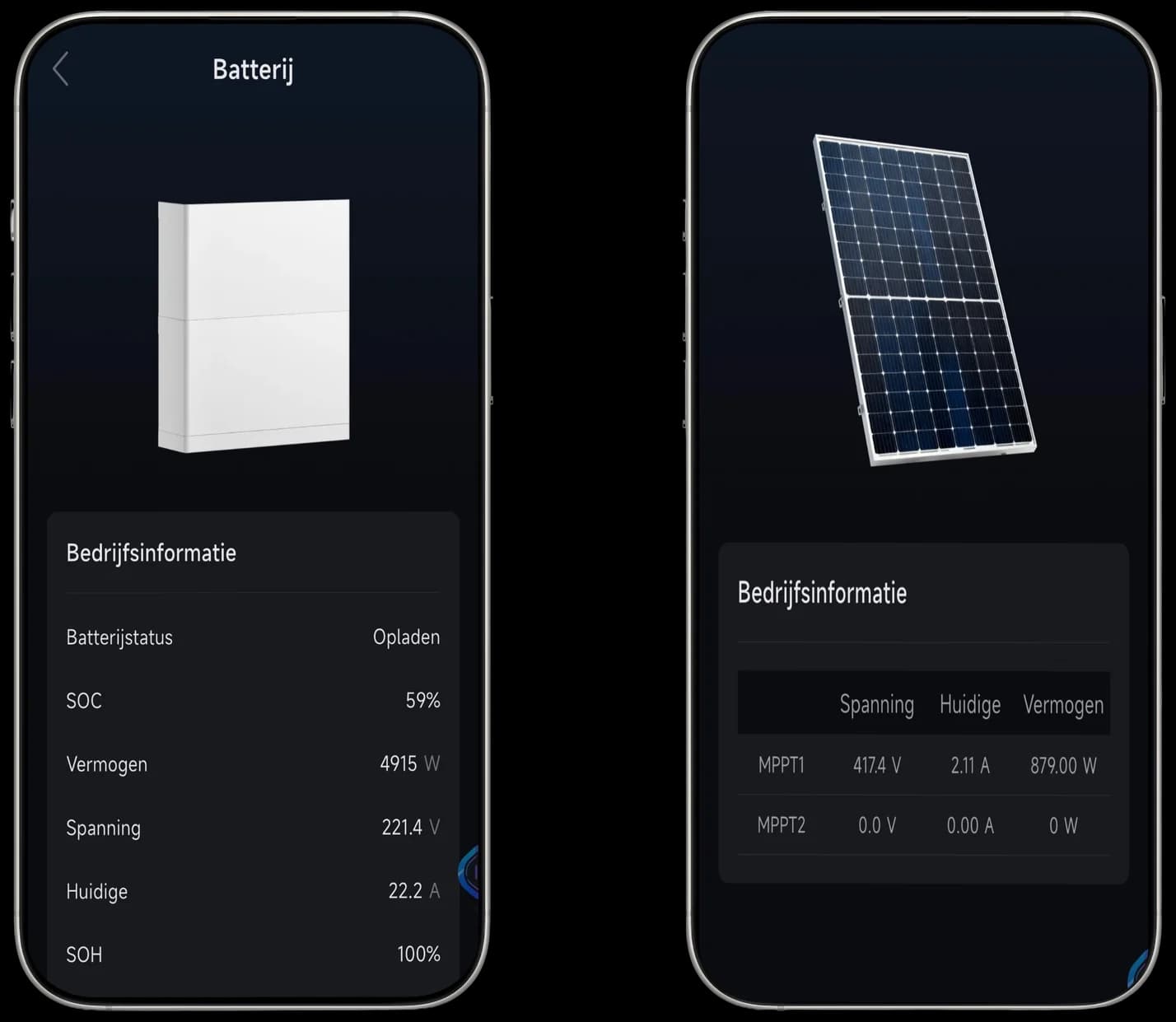 HYXi app: battery status and solar panel information