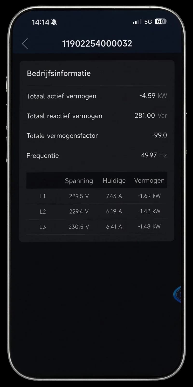 HYXi app: grid information with voltage and current per phase