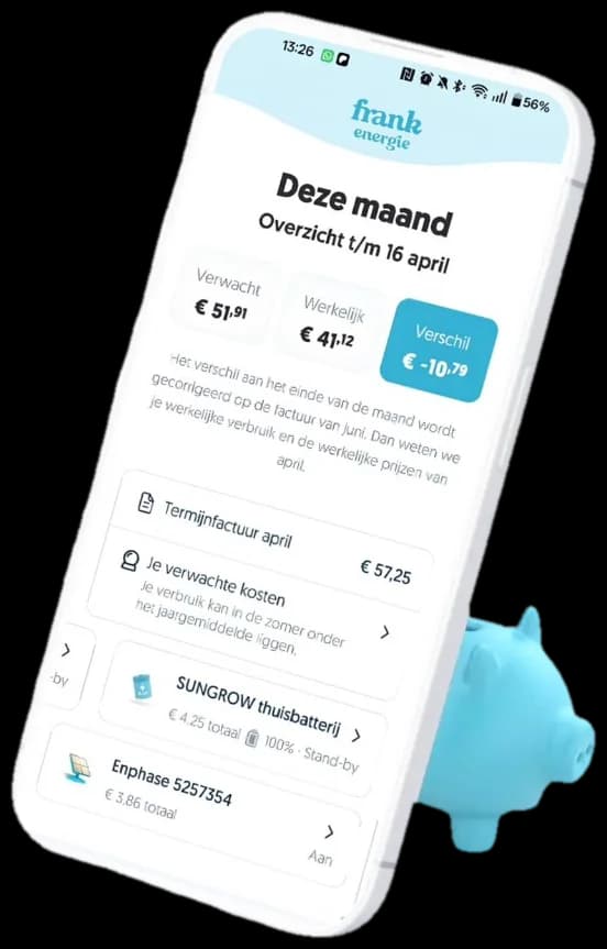Frank Energie app on a phone with a piggy bank