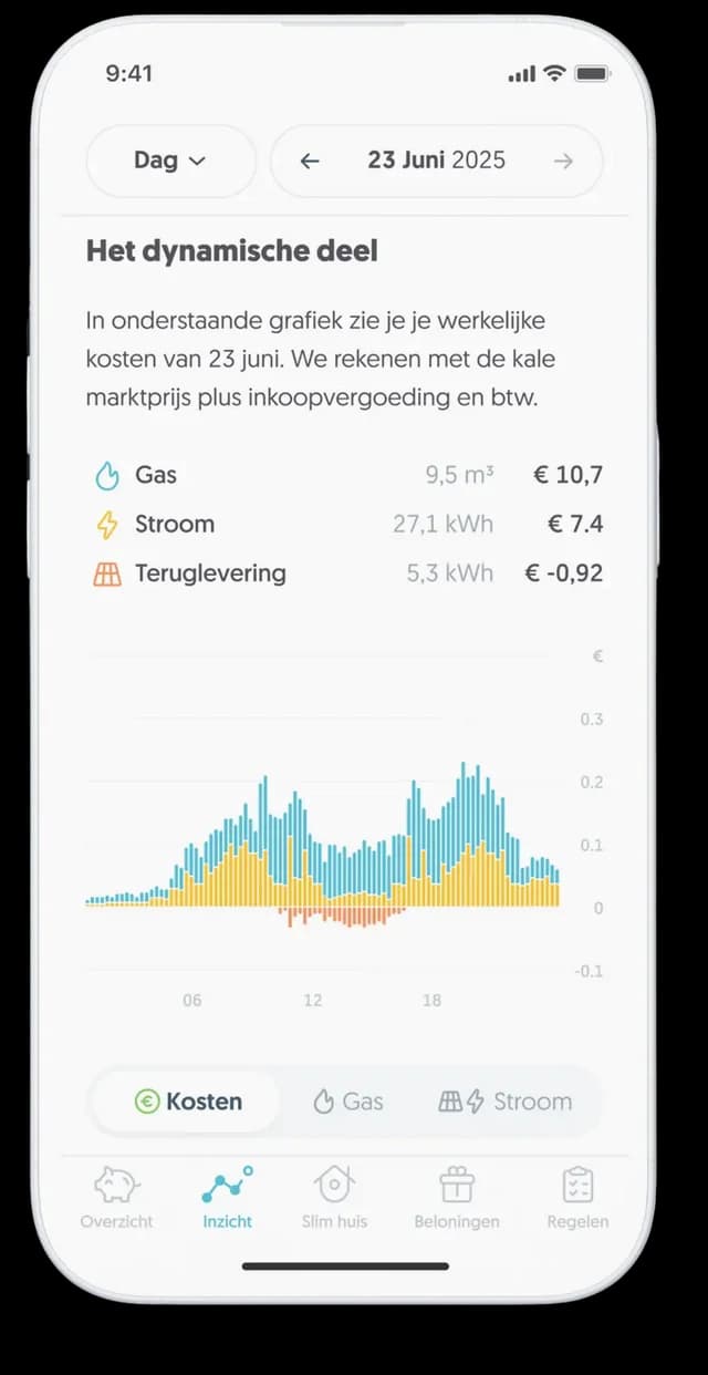 Frank Energie app: actual costs and usage per day