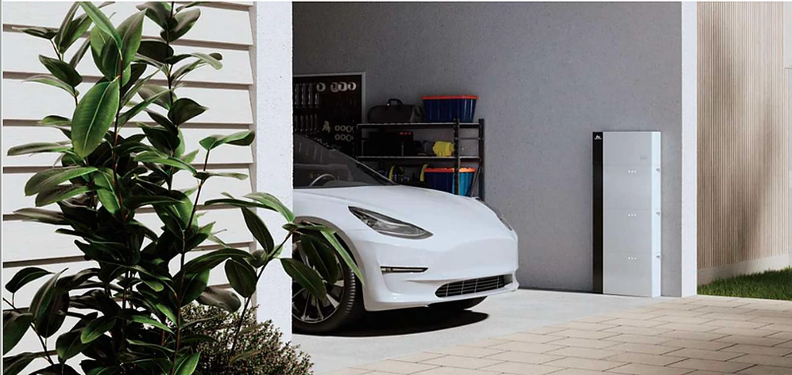 Home battery in a garage next to an electric car