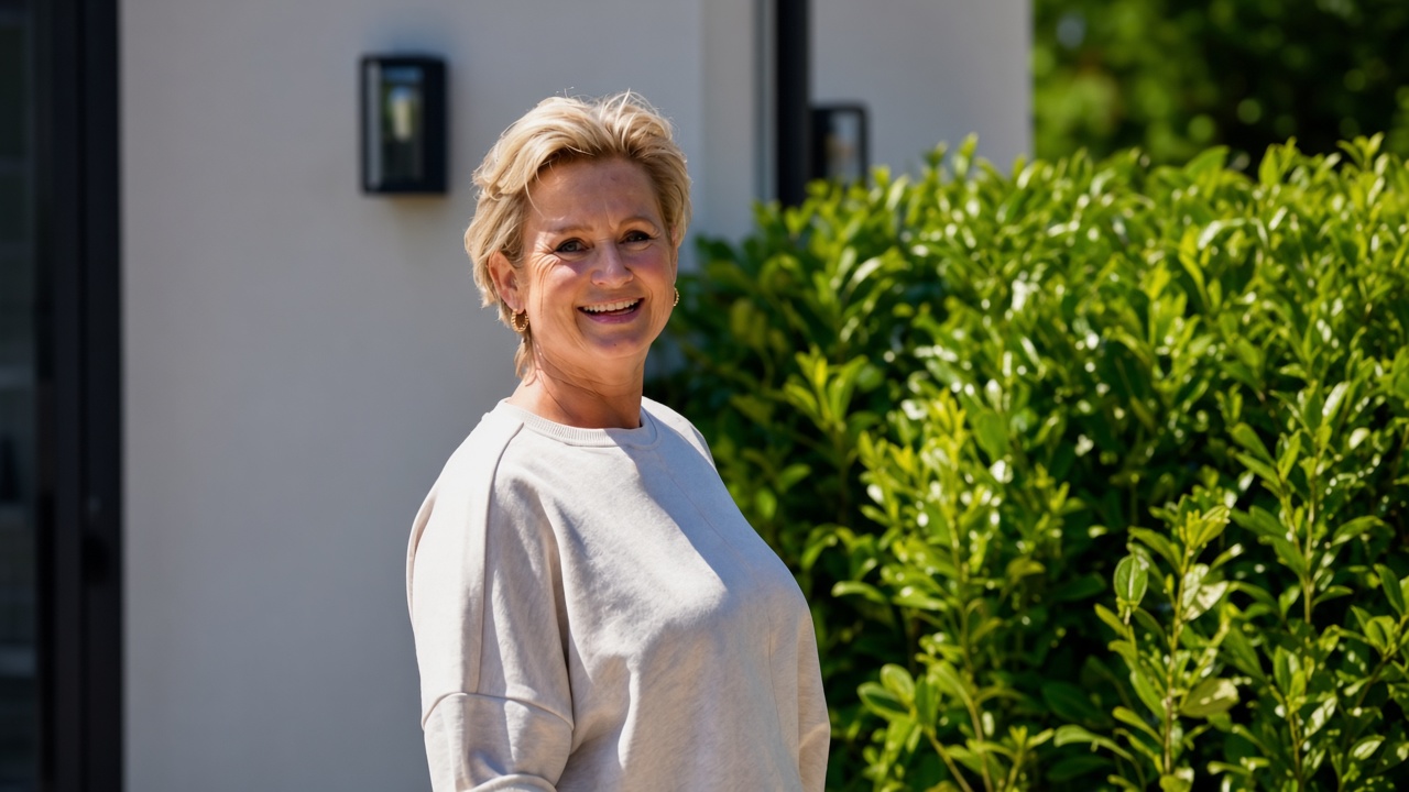 Lachende vrouw voor haar huis