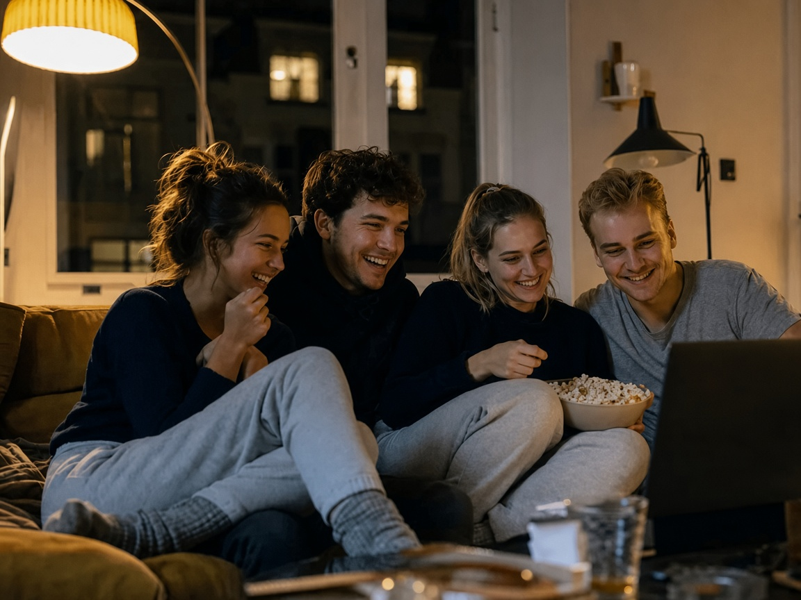 Vrienden op de bank 's avonds, comfortabel thuis op eigen stroom