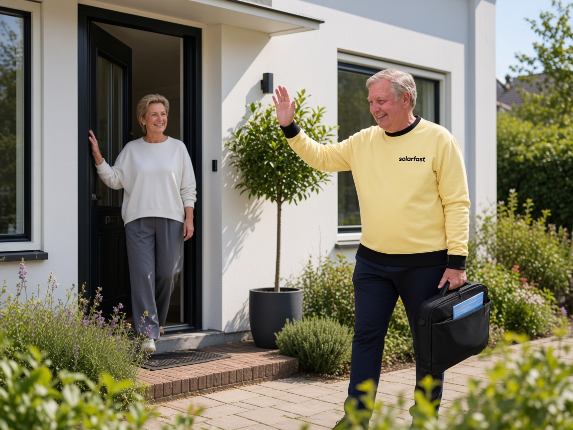 Een SolarFast-adviseur zwaait bij de voordeur terwijl de bewoonster open doet