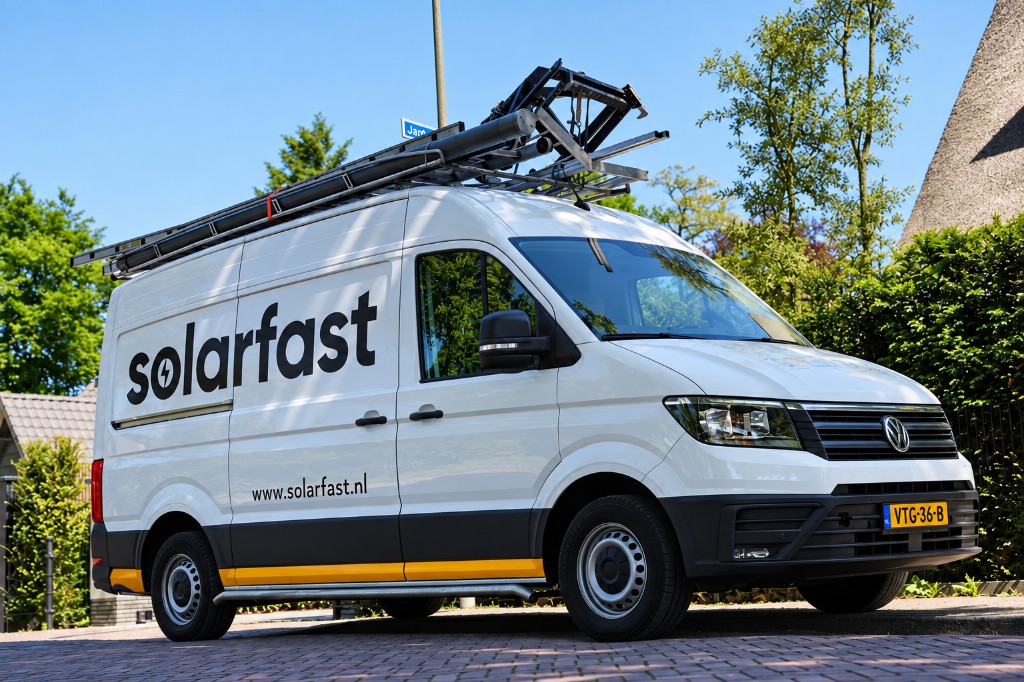 Een witte SolarFast-bus met ladder op het dak
