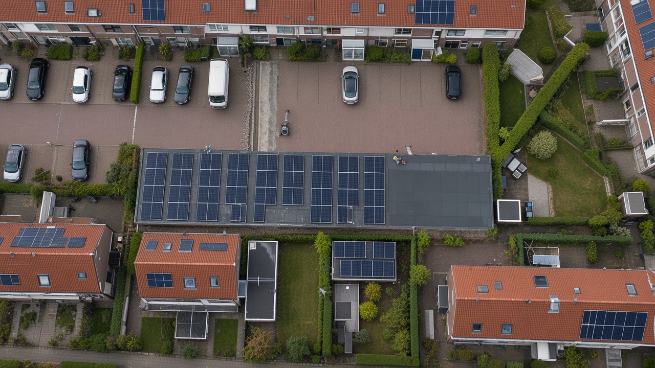 Luchtfoto van een zonnepanelenproject van SolarFast in een woonwijk in Blaricum